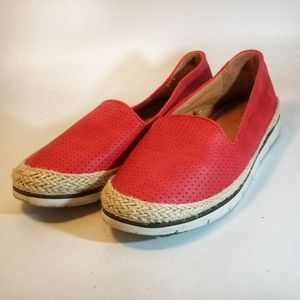 Alexis Bendel red slip on shoes with rope detail and black stripe